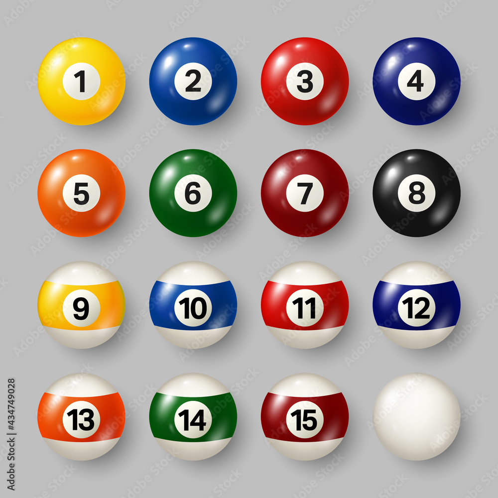 Colorful billiard, pool balls with numbers on gray background. Realistic glossy snooker ball. Vector illustration. Colorful billiard, pool balls with numbers on gray background. Realistic glossy snooker ball. Vector illustration.
