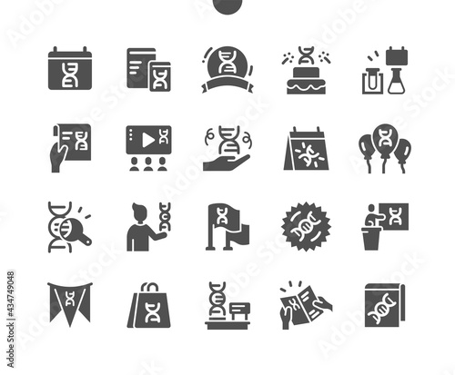 DNA Day 25 April. Biotechnology, biology, molecular, structure and medicine. Calendar. Twenty fifth of april. Holiday cake. Exhibitions. Vector Solid Icons. Simple Pictogram