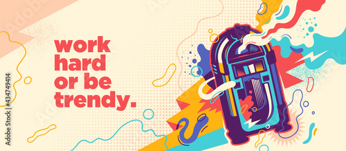 Abstract lifestyle graffiti design with jukebox and slogan. Vector illustration.
