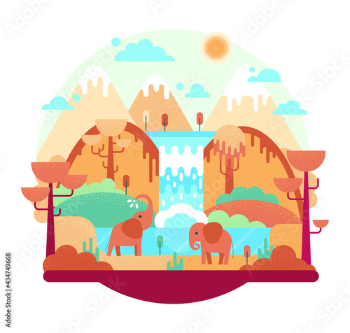 Two elephants near waterfall, vector cartoon illustration. African savannah, elephants at a watering hole and mountains in the background