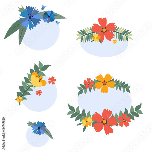 Vector floral decorative element or composition with red and yellow and blue flowers for border, template, frame, label, postcard, print. Floral postcard, print, illustration. Clip art. 