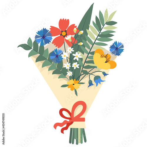 Vector bouquet with red, blue, yellow spring or summer flowers and greenery. Clip art for postcard, banner, gift, label.