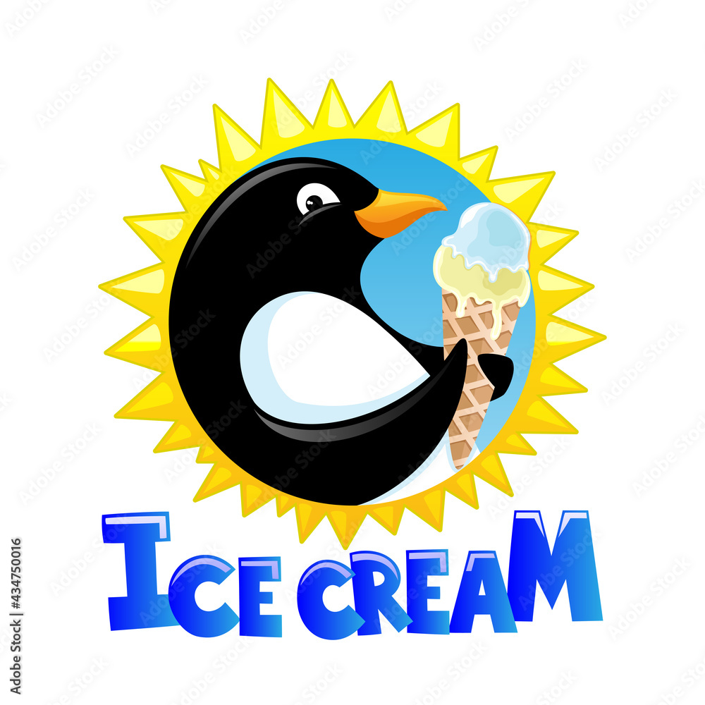 Naklejka premium Round icon penguin with ice cream and sun on white background.