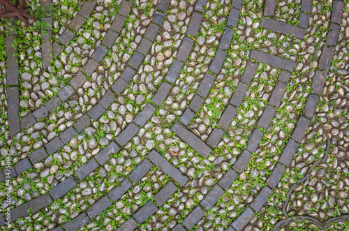 Texture of pebble stone pavement with patterns