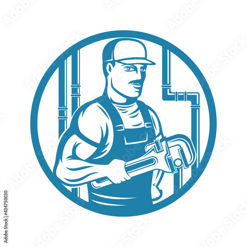 Plumber with adjustable wrench round blue icon isolated on white background.