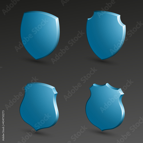 Four Protection shield concept. Safety badge icon. Privacy banner. Security label. Defense tag. Presentation sticker shape. Defense sign. illustration