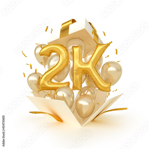Golden balloons in celebration of 2k followers. Gift box with flying balloons. 3d illustration