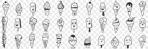 Sweet ice cream shapes doodle set. Collection of hand drawn various ice cream emoticon facial expressions in rows isolated on transparent background 