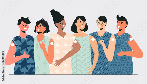 Diverse young people group after getting vaccine. Teens vaccination scene. Children vaccination for health immunity. Multicultural kids flat vector cartoon illustration. Prevention and immunize