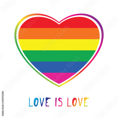 LGBT symbology. Striped multicolored heart white background. Love is love. Simple logo, symbol of freedom of sexual choice.Isolated.Vector illustration.