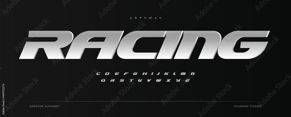 Racing alphabet. Speed sport font, automotive type for modern dynamic logo, headline, auto car branding and merchandise, typography and packaging. Wide bold italic letters, vector typographic design - obrazy, fototapety, plakaty 