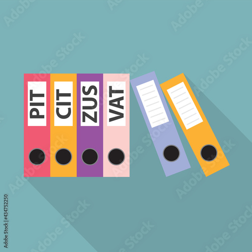 office ring binders with PIT, CIT, ZUS, VAT labels: concept of paying taxes and keeping accounts in a polish company- vector illustration