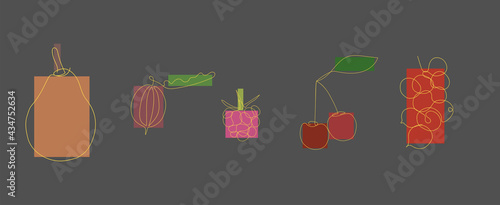 set of fruits drawn by one line in yellow on a gray background with multicolored rectangles. two cherries, pear, wild berry, red currant and raspberry