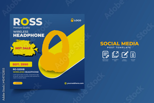 Blue and Yellow Headphone Social media product promotional banner post template