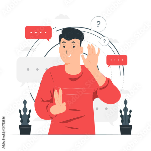 Curious cheerful man keeps hand near ear tries to overhear private conversation listens gossips concept illustration