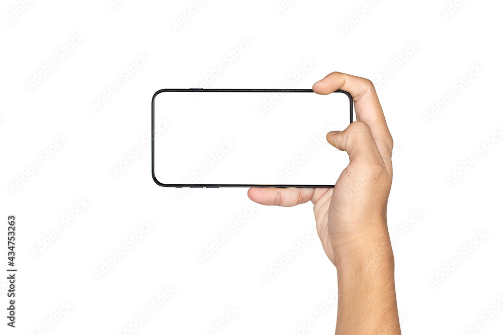 Man hand holding black smartphone horizontally isolated on white background with space for your copy. ( Clipping Path ) Man hand holding black smartphone horizontally isolated on white background with space for your copy. ( Clipping Path )