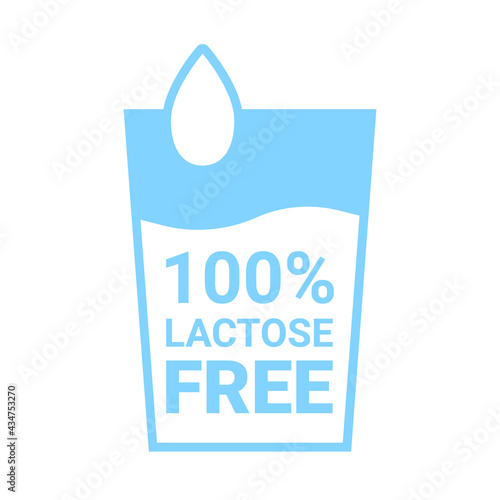 Lactose free 100 icon. Milk in glass with drop sign. No lactose added product package. Design for healthy food product package. Blue cow milk food symbol. Vector label