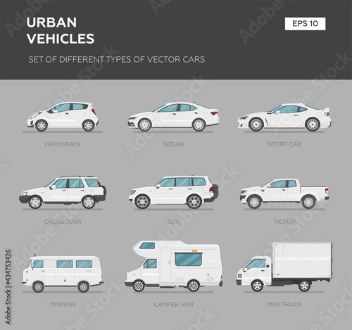 Cars over grey background, vector illustration. Collection car set - sedan, van, truck, suv, sport car, camper van