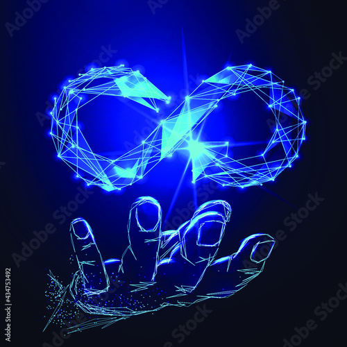 Circular economy with infinite concept. Arrow infinity symbol on dark blue background, abstract business vector 3d. Digital polygonal low poly mesh illustration