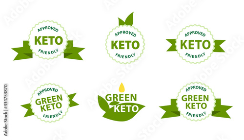 Keto friendly, approved stamp. Ketogenic diet approved label in eco style with green ribbons. Guarantee Logo. Food and Nutrition products friendly stamps for Green Keto. Icons set