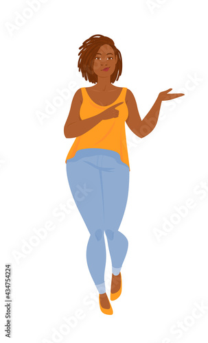 Emotions. Beautiful curvy black woman in casual clothes with dreadlocks, full length.