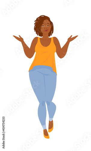 Emotions. Beautiful curvy black woman in casual clothes with dreadlocks, full length.