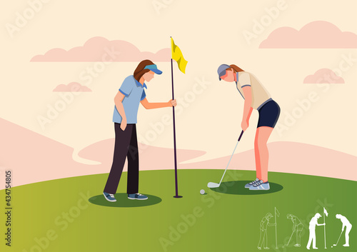 Golf teacher teaches Girl to play golf with golf clubs on green grass, cartoon, silhouettes, bundle vector illustration. character in different position.	