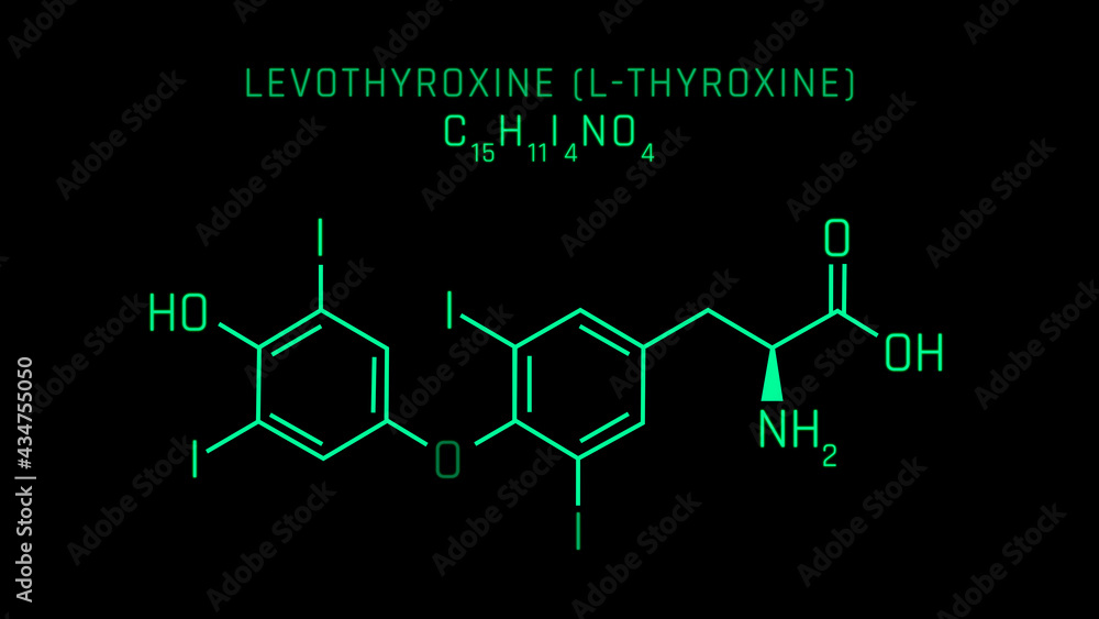Levothyroxine also known as Lthyroxine Molecular Structure Symbol on black background Levothyroxine also known as Lthyroxine Molecular Structure Symbol on black background