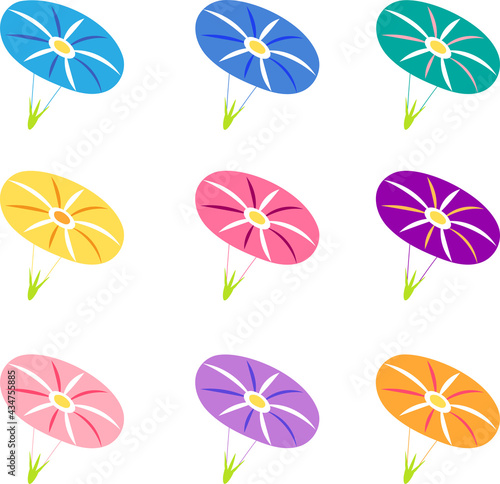 色とりどりの横向きの朝顔の花のイラストアイコンセット