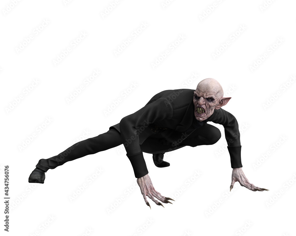 Vampire crouching with hands on the floor. 3d illustration isolated on white background. Vampire crouching with hands on the floor. 3d illustration isolated on white background.