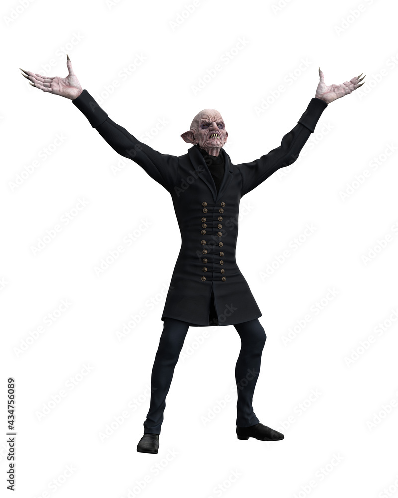 Vampire mythical horror villain looking up with arms raised. 3d illustration isolated on white background. Vampire mythical horror villain looking up with arms raised. 3d illustration isolated on white background.