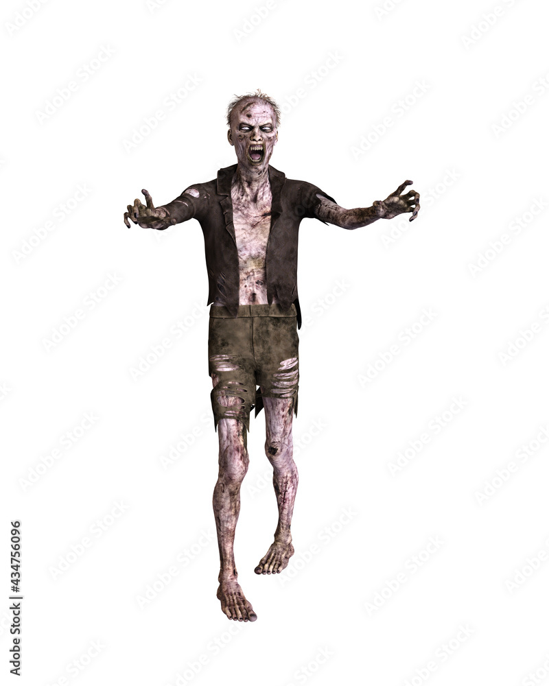 Zombie man walking with arms outstretched wearing tattered clothes. 3d illustration isolated on white background. Zombie man walking with arms outstretched wearing tattered clothes. 3d illustration isolated on white background.