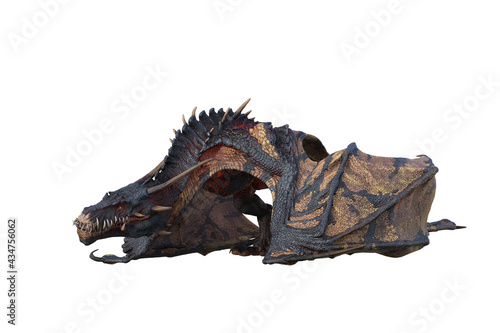Wyvern or Dragon fantasy creature  standing with wings folded and head close to the ground. 3D illustration isolated on white.