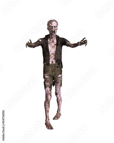 Zombie man walking with arms outstretched wearing tattered clothes. 3d illustration isolated on white background. © IG Digital Arts