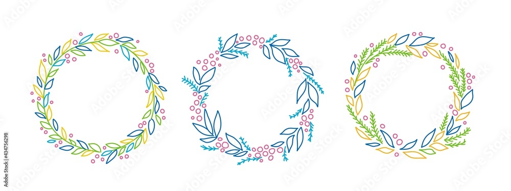 Colorful set hand drawn wreaths.