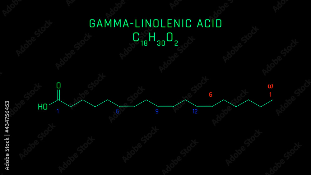 Gamma Linolenic Acid or GLA Molecular Structure Symbol on black background