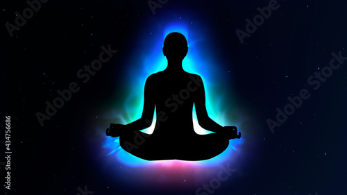 Human Covered with Neon Glow Energy and aura in Meditation Concept Illustration