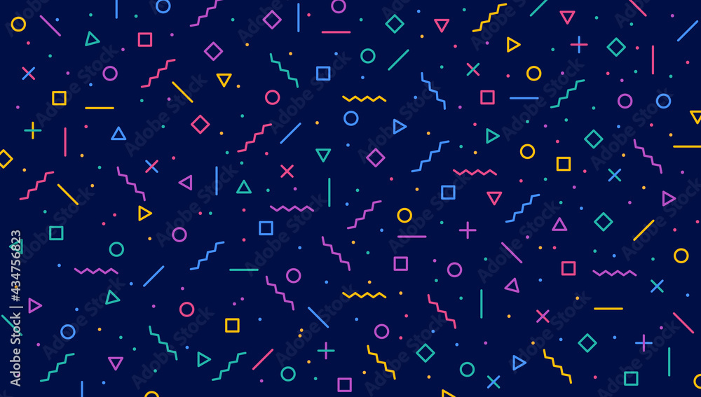 Abstract simple geometric background with different geometric shapes - square, triangles, circles, dots, lines. Memphis style. Bright and colorful, 90s style. Neon colors pattern. Vector illustration