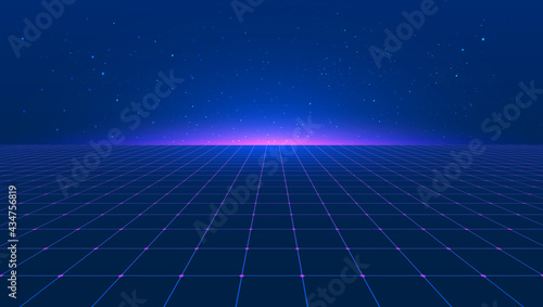 Abstract bright retro blue pink purple background futuristic landscape 1980s style. Vector illustration 80s party background . 80s Retro Sci-Fi background. Light perspective grid. Vector illustration