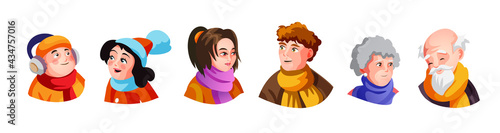 A set of cute big family heads illustrations in various autumn clothes doing different activities with different expressions. Vector stickers or badges. Isolated vector illustration in cartoon style