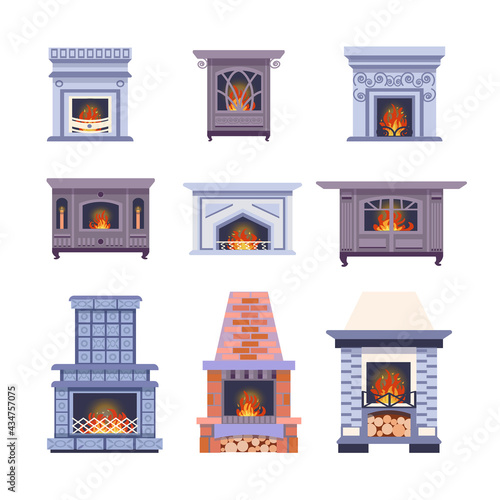 set of cozy fireplaces. collection of cute brick and cast iron fireplaces is a vector illustration in a flat cartoon style. Climate control equipment for comfort in the house