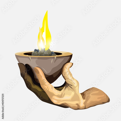 Hand and candle on a stand. Beautiful sacral candle flame. Cartoon vector illustration isolated. Sticker, symbol, icon for your design. White background