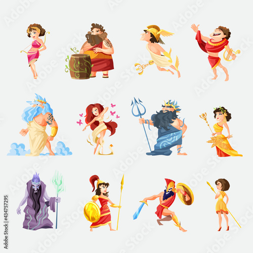 Ancient greek gods cartoon figures sets with dionysus zeus poseidon aphrodite apollo athena vector illustration