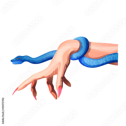 Female hand with long nails and a snake. Snake around the arm. Cartoon vector illustration isolated. Sticker, symbol, icon for your design. White background