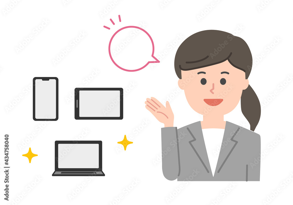Happy office worker showing handheld devices. Vector illustration isolated on white background. Happy office worker showing handheld devices. Vector illustration isolated on white background.