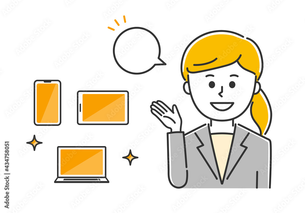 Happy office worker showing handheld devices. Vector illustration isolated on white background. Happy office worker showing handheld devices. Vector illustration isolated on white background.
