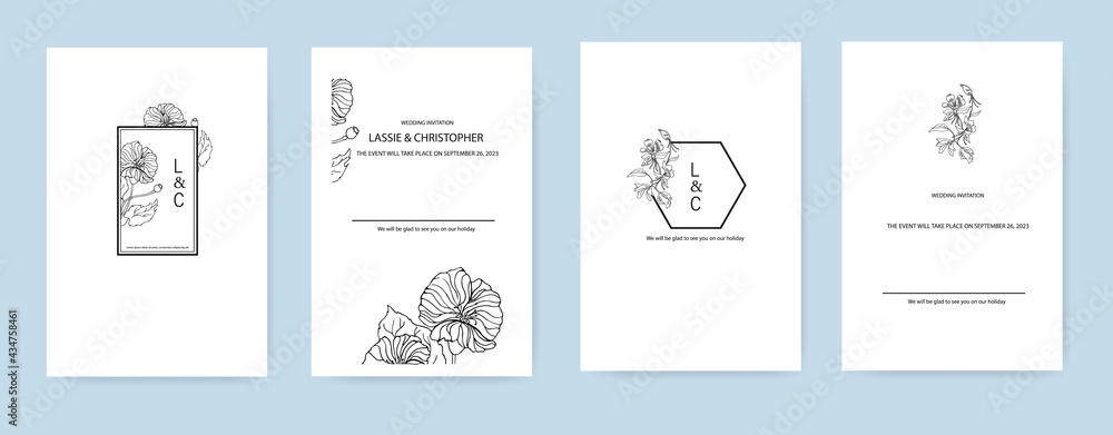 Design of wedding invitation layouts with floral elements in a minimalist style. Outline image of a flower in a frame with the initials of the newlyweds. EPS10.