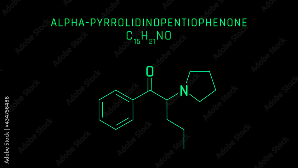 Fototapeta premium alphaPyrrolidinopentiophenone or prolintanone or desmethylpyrovalerone Molecular Structure Symbol Neon on black background