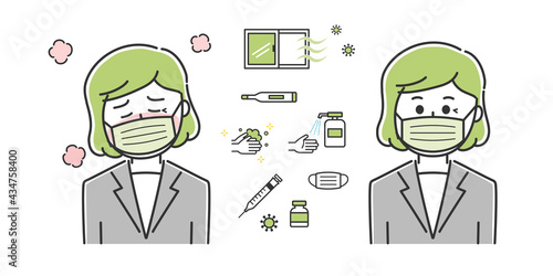 Office worker having a fever with countermeasures against covid-19. Vector illustration isolated on white background.