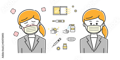 Office worker having a fever with countermeasures against covid-19. Vector illustration isolated on white background.